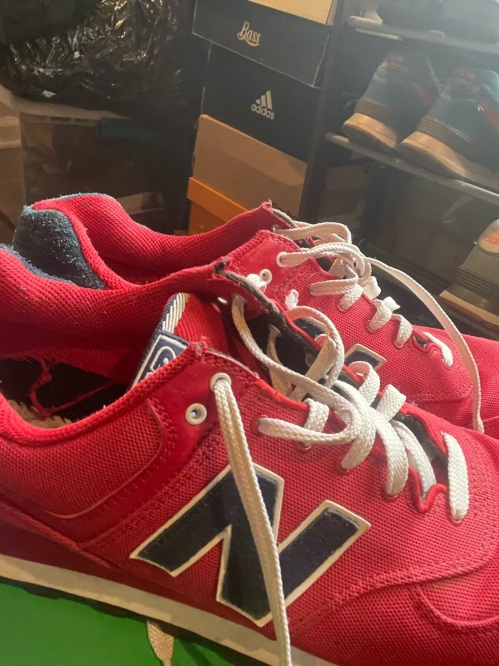New Balance 574 Red & Navy Canvas Sneakers - Picture 4 of 4